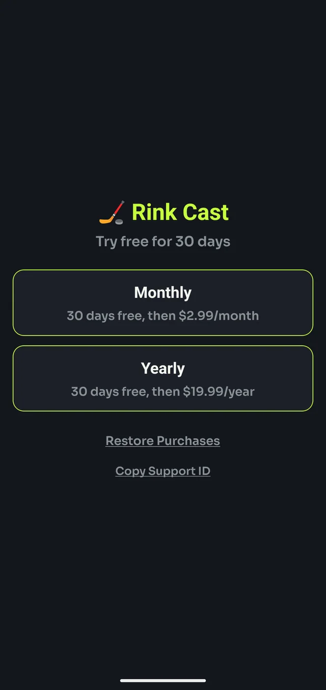 The subscription screen: Rink Cast, Try free for 30 days, Monthly and Yearly plans, Restore Purchases and Copy Support ID links.