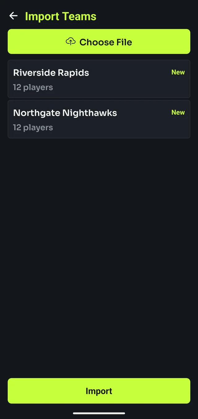 Import Teams screen with a chosen file showing Riverside Rapids and Northgate Nighthawks, both marked New.