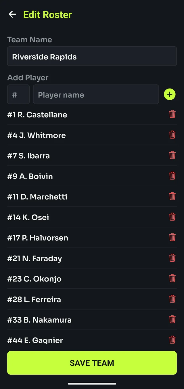 Roster editor for Riverside Rapids, adding a player by jersey number and name, with the current roster listed below.