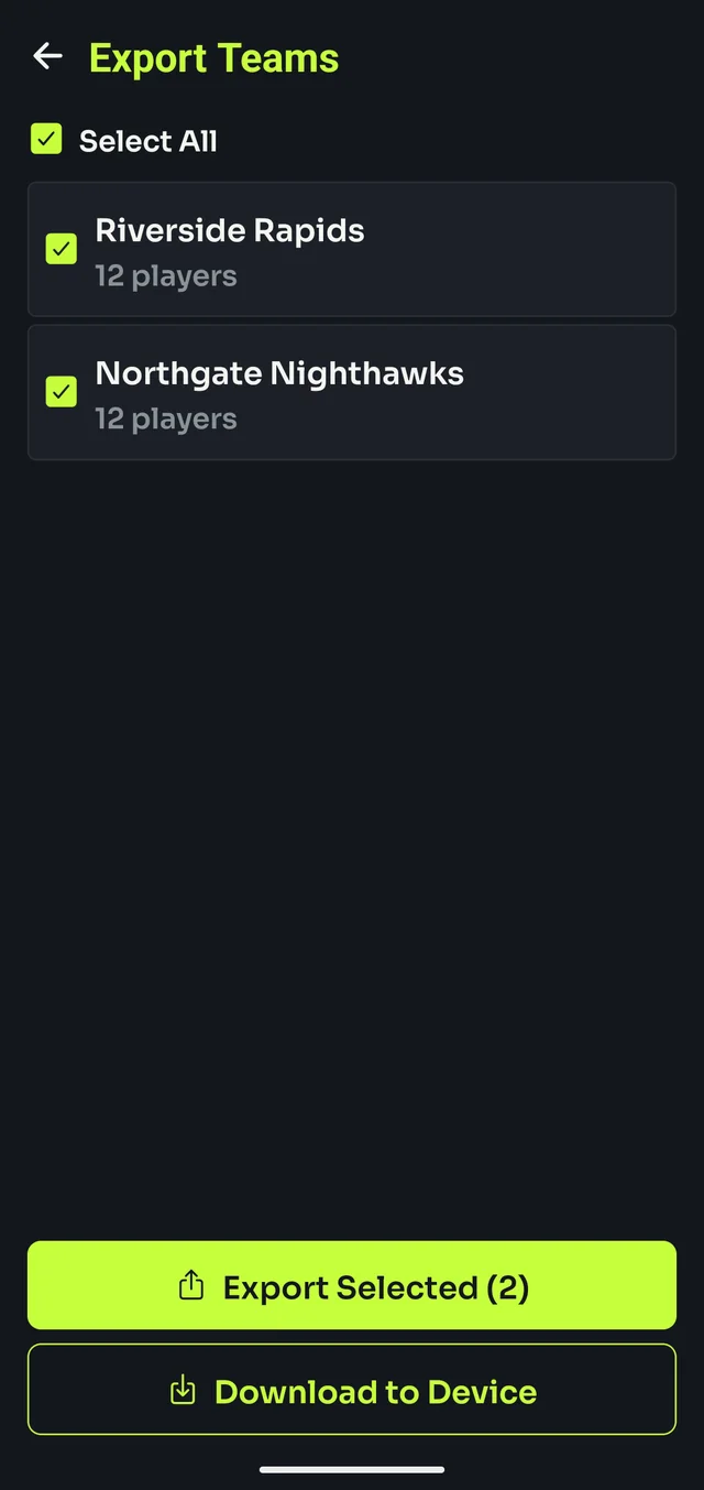 Export Teams screen with both teams selected and Export Selected / Download to Device buttons.