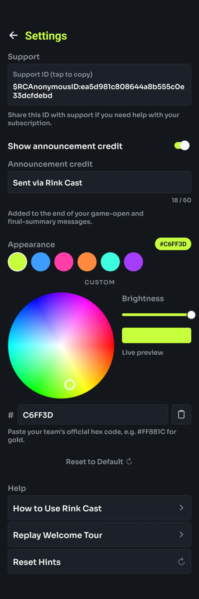 Settings screen showing Support ID, the announcement credit toggle and text field, the Appearance color picker with a color wheel and brightness slider, and Help entries.