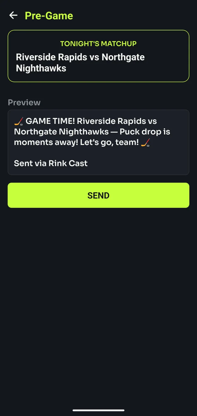 Pre-game screen with a GAME TIME announcement preview and a SEND button.
