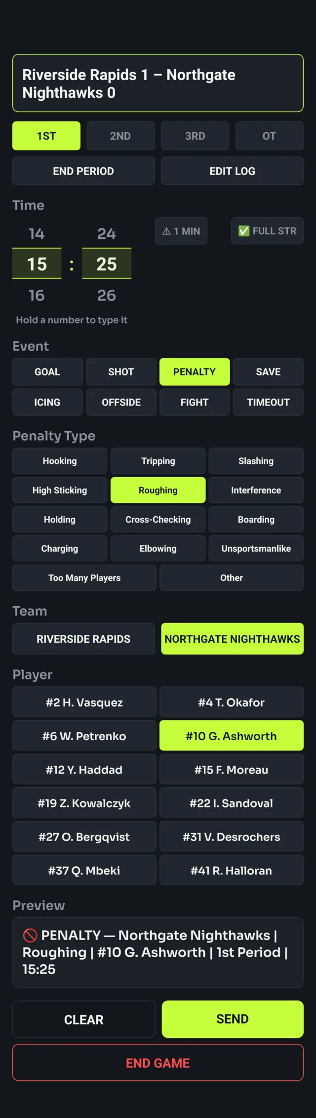 Full penalty screen: penalty type grid with Roughing selected, team and player pickers, and the resulting preview.