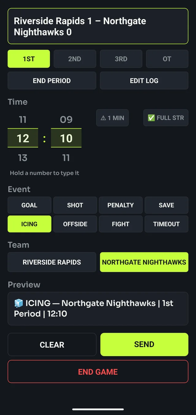 ICING selected for Northgate Nighthawks, with the announcement preview shown.