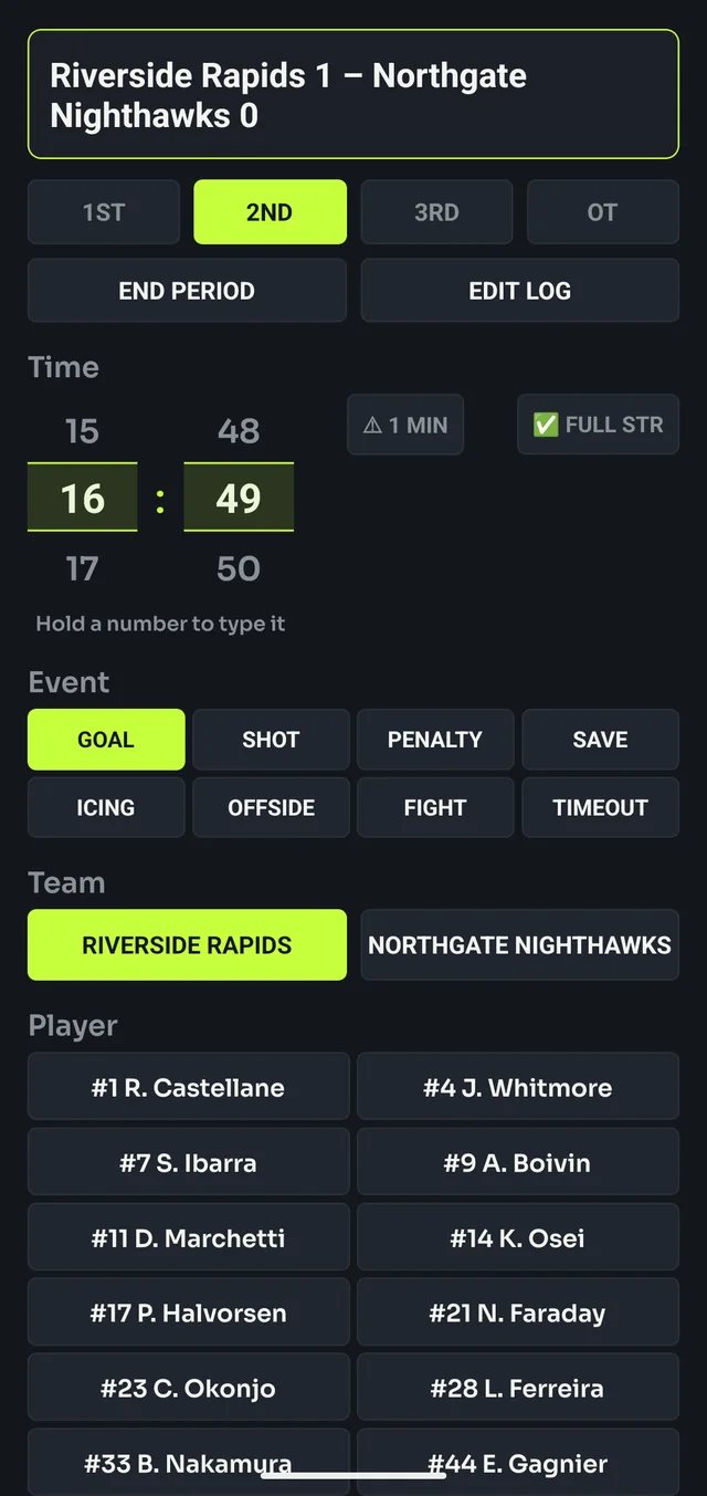 Period badges with 2ND selected, and the END PERIOD / EDIT LOG buttons above the clock.