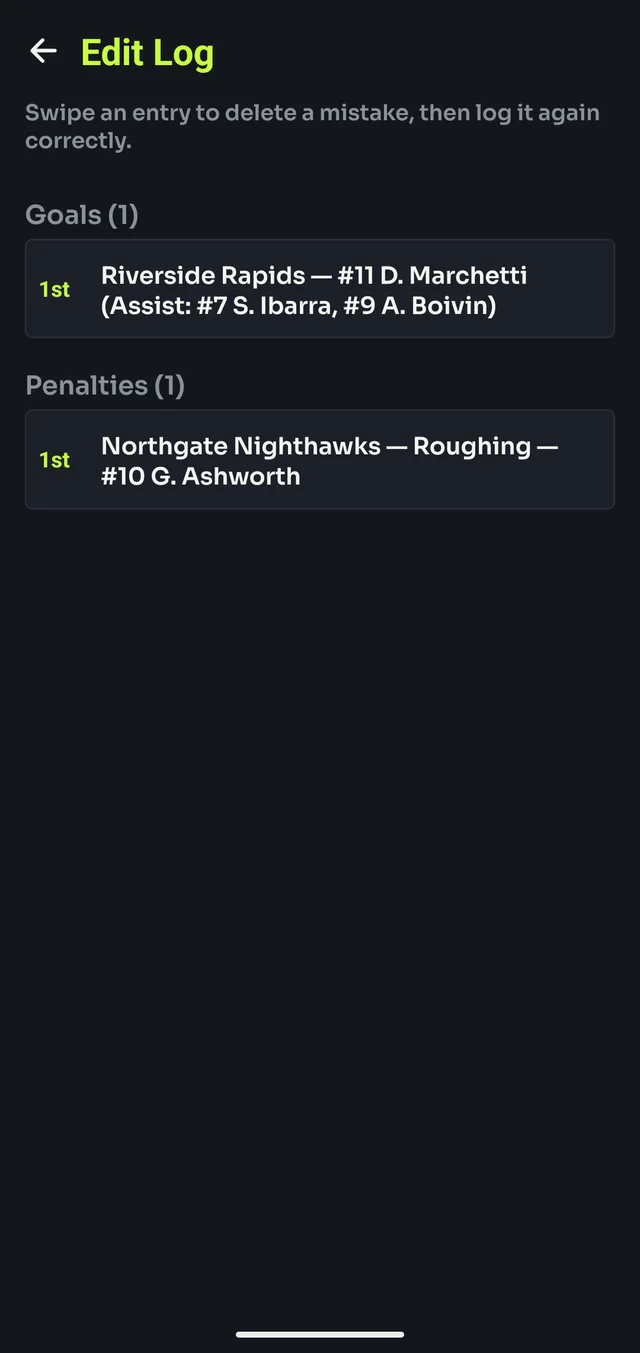 Edit log listing a goal and a penalty for the game so far.