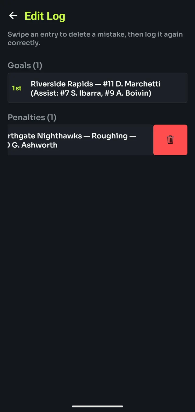 Edit log with an entry swiped to reveal its delete button.