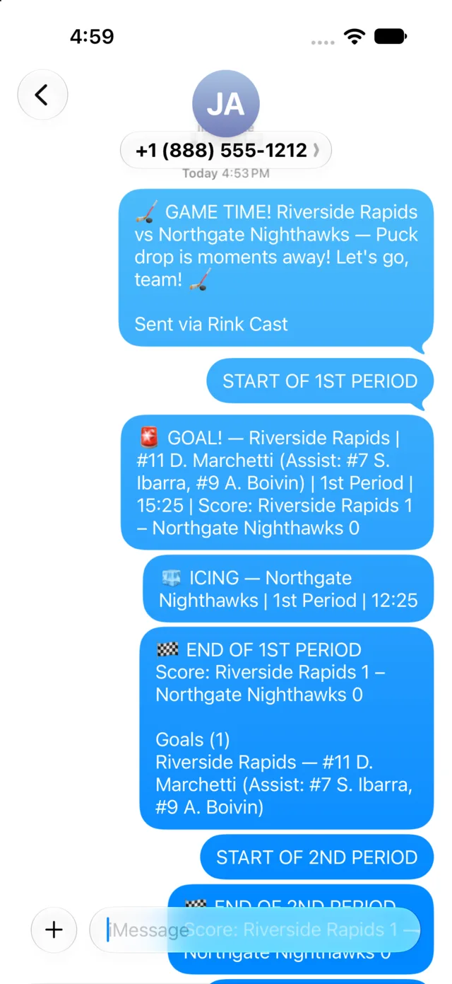 The start of a game's worth of Rink Cast announcements in Messages on iPhone: game time, first goal, an icing call.