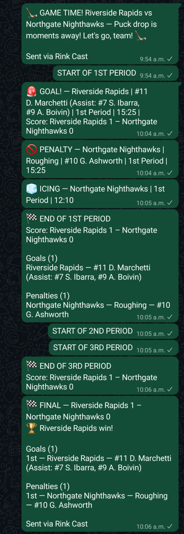 A full game's worth of Rink Cast announcements in a group chat, from game time through the final recap.