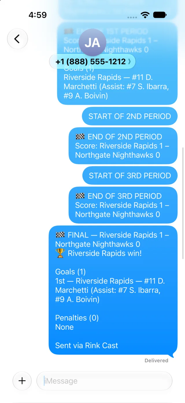 The same Messages thread on iPhone scrolled further, through each period ending to the final recap.