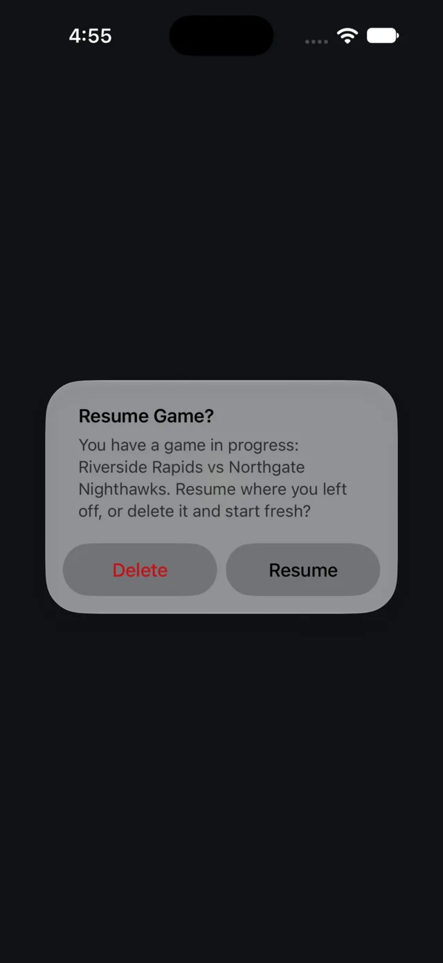 Resume Game? prompt offering Delete or Resume for a game in progress, iPhone.