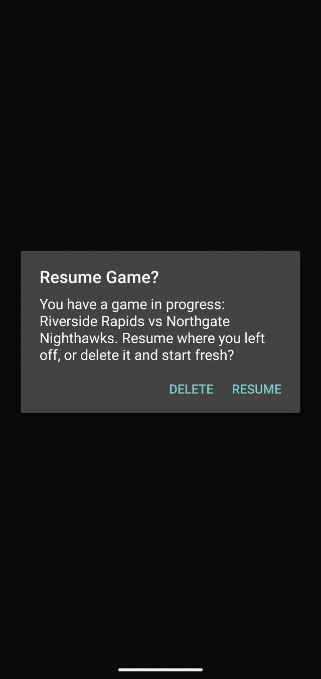 Resume Game? prompt offering Delete or Resume for a game in progress, Android.