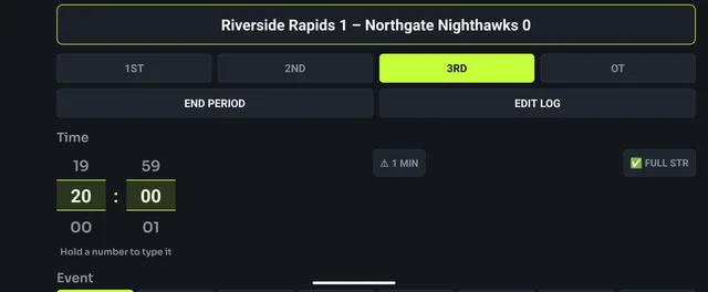 Rink Cast running in landscape, showing the play builder's period and time controls.