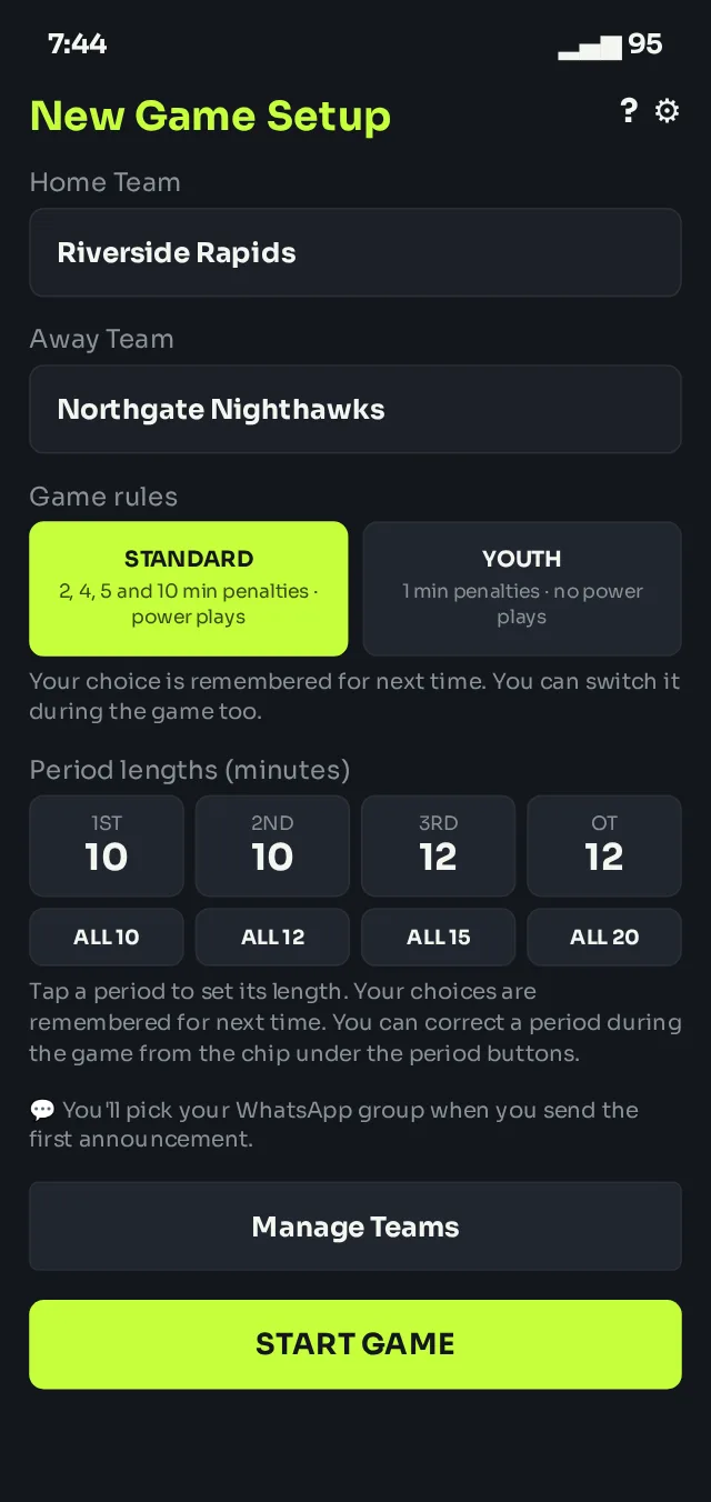 New Game Setup with Riverside Rapids as Home Team and Northgate Nighthawks as Away Team, the STANDARD and YOUTH game rules cards, and period lengths of 10, 10, 12 and 12 minutes.