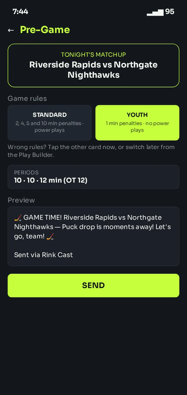 Pre-game screen showing the YOUTH game rules selected, the period lengths, a GAME TIME announcement preview and a SEND button.