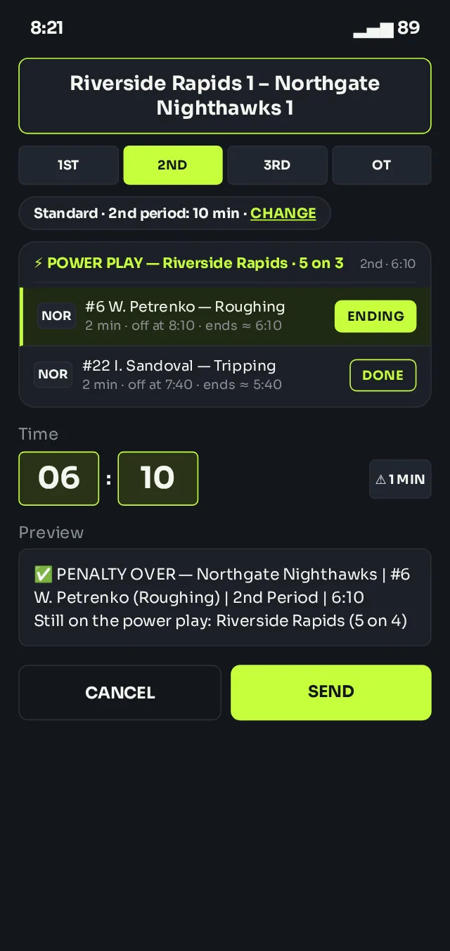 Ending a penalty: the row for #6 W. Petrenko marked ENDING, the clock set to 6:10, and the PENALTY OVER preview with CANCEL and SEND.