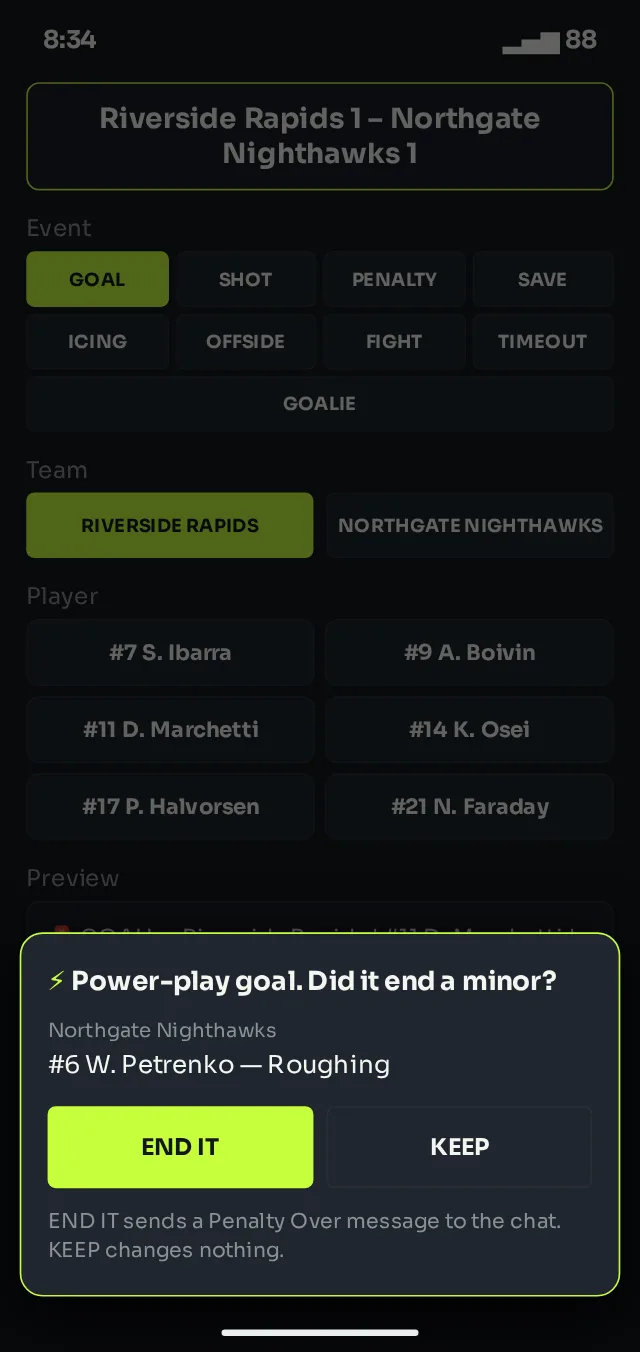 A goal by #11 D. Marchetti previewed as a power play goal, with the prompt asking whether it ended a minor, offering END IT or KEEP.