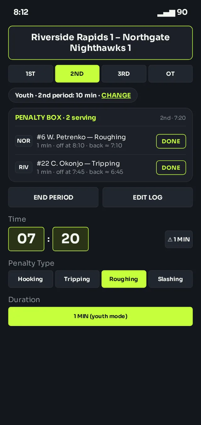 The penalty box in YOUTH rules: PENALTY BOX, 2 serving, with no strength banner and the duration fixed at 1 MIN (youth mode).