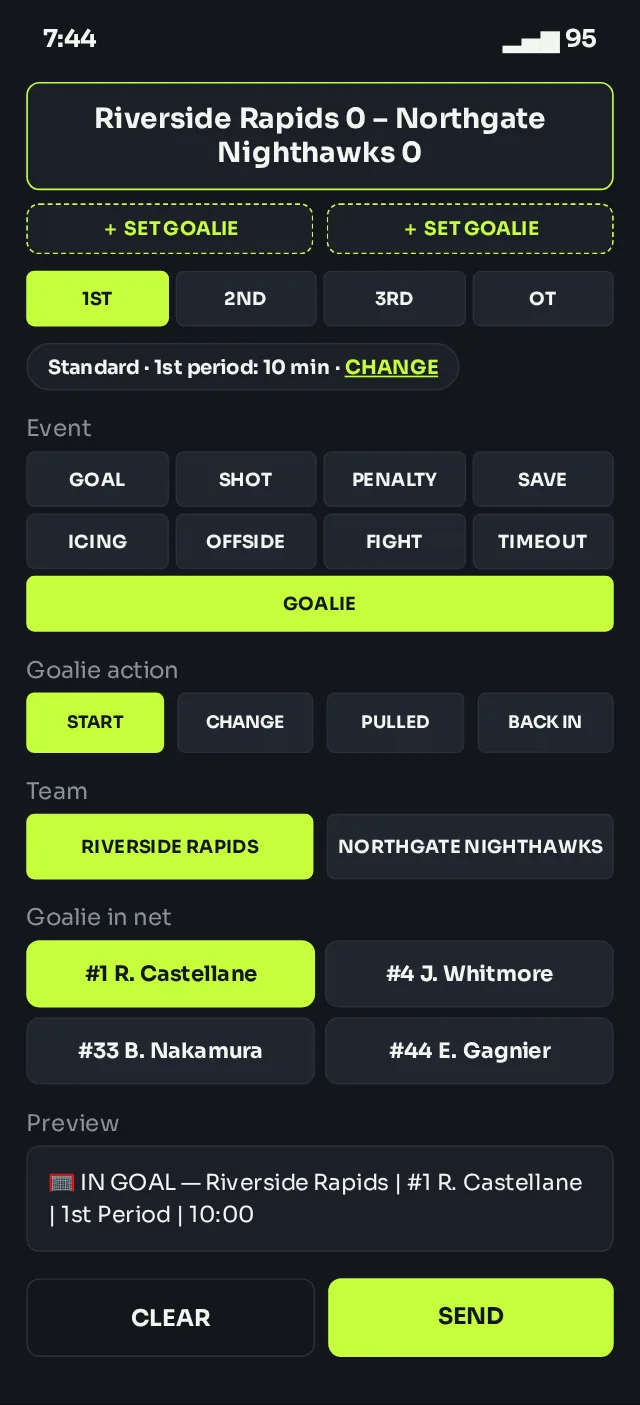 The GOALIE event with START selected, Riverside Rapids chosen and #1 R. Castellane picked, with SET GOALIE chips under the score and the In Goal preview.